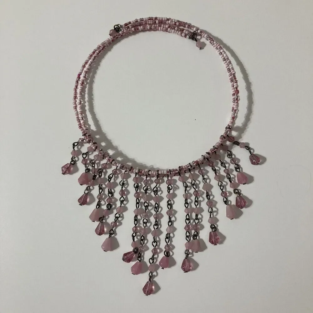 Pink White Choker Collar Bib Tassel Tear Drop Dangle Seed Bead Necklace Bohemian